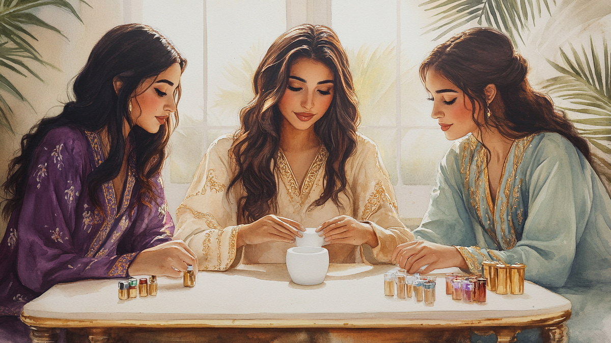 Three Arab Disney-style heroines in modest cream, aubergine, and sage kaftans gathered around a small white pinch pot on a sunlit Friday afternoon, watercolor painted illustration