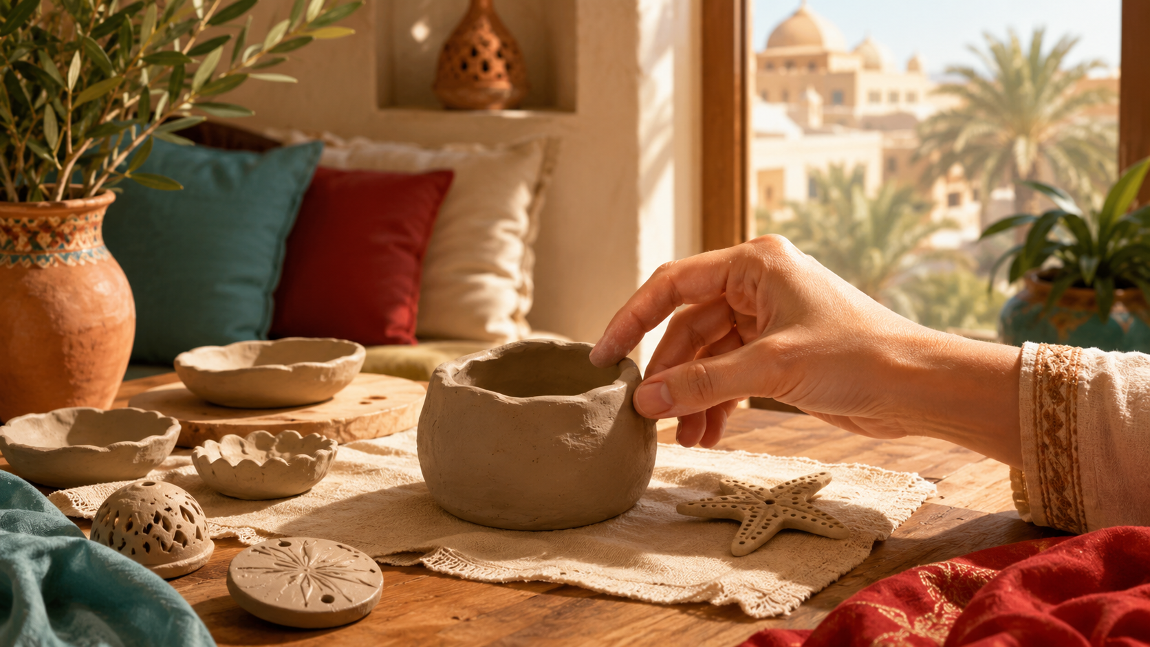 Small handmade air dry clay pieces drying on a wooden table near a bright window in a UAE home