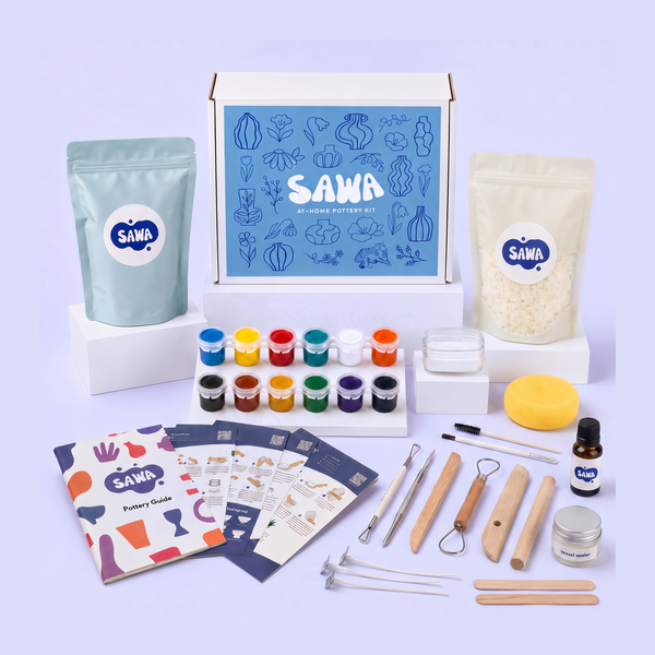Everything included in the Sawa Candle Kit: pottery kit contents plus soy wax pouch, fragrance oil, wicks, wick sticks and vessel sealer