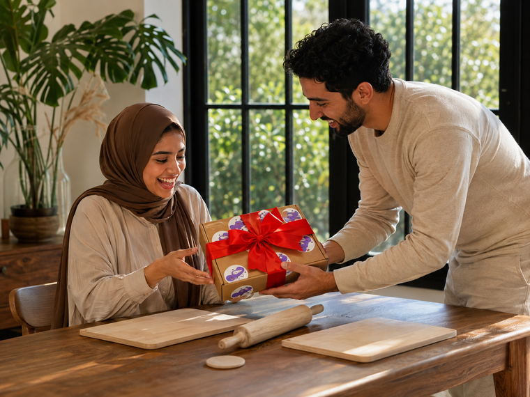 A man gives a gift-wrapped Sawa pottery kit to a smiling woman at a dining table