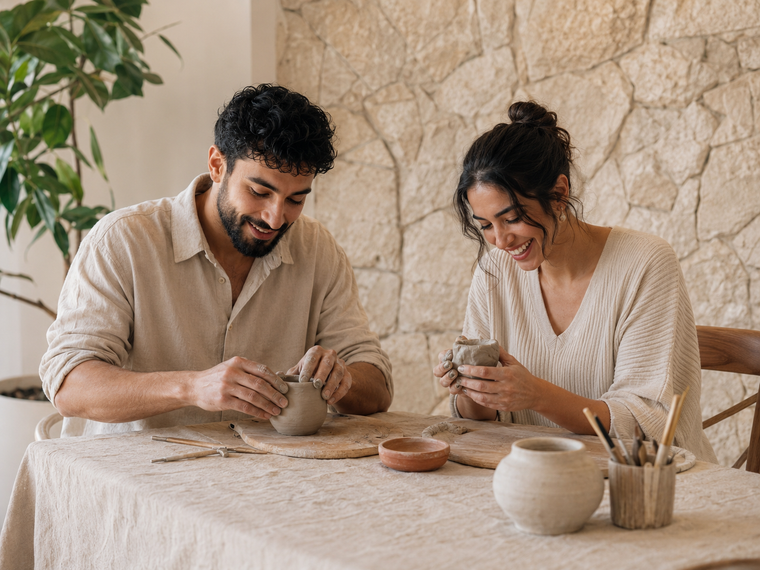 A couple making pottery together at a dining table at home