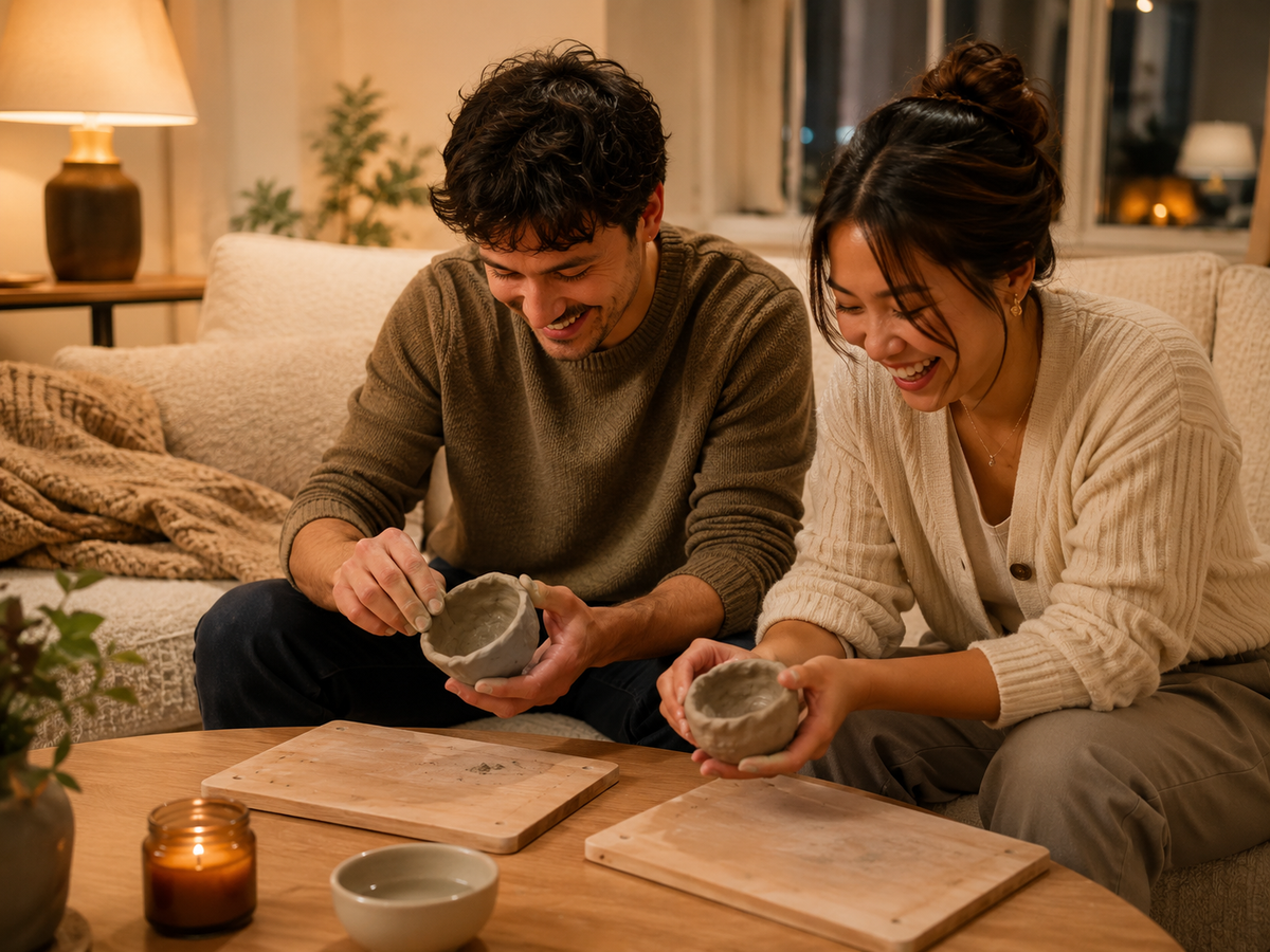 Couple laughing while shaping clay bowls together on a cozy evening at home