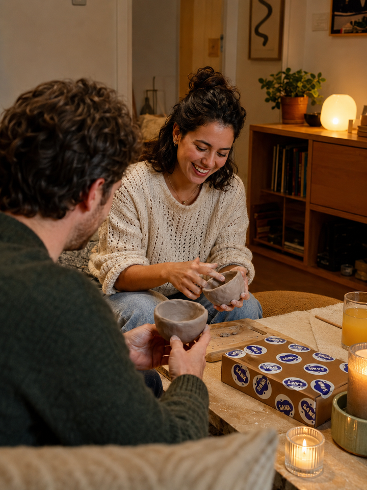 Couple shaping clay bowls on a cozy pottery date night with the Sawa kit box