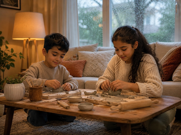 Two children making pottery at a coffee table while it rains outside