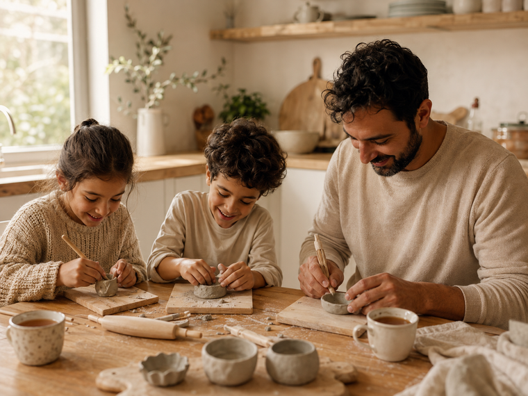 A father and two children making pottery together at the kitchen table