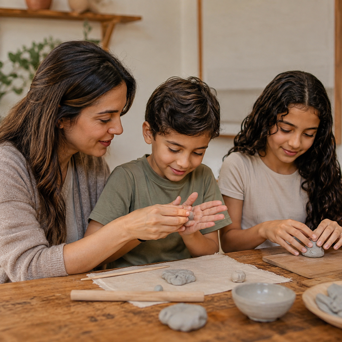A mother and two children making pottery together at a table at home