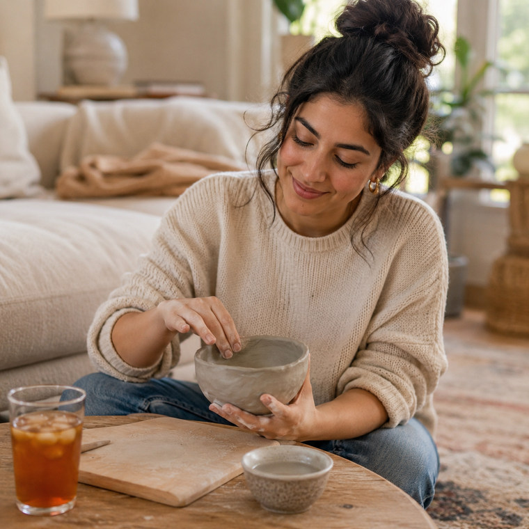A woman smoothing the rim of a handmade clay bowl in her living room