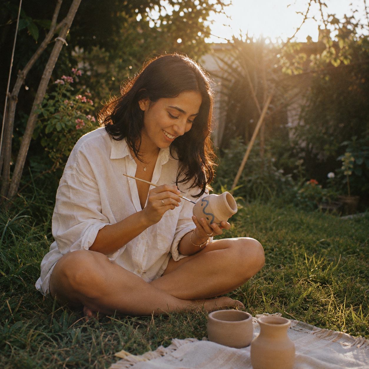 Painting a handmade Sawa pot in the garden at golden hour