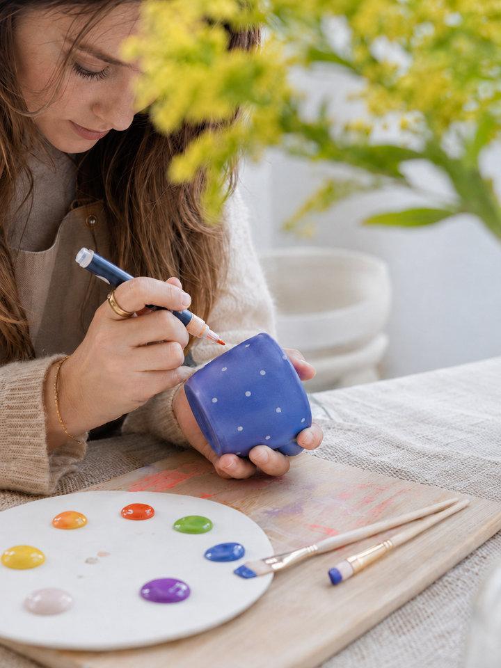 Woman painting a handmade indigo mug at home